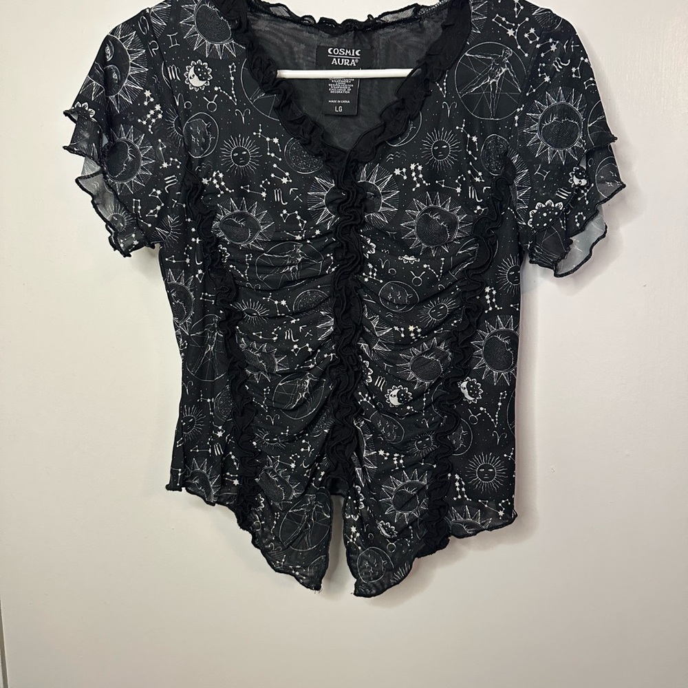 Black Celestial Ruched Women Top Cosmic Aura